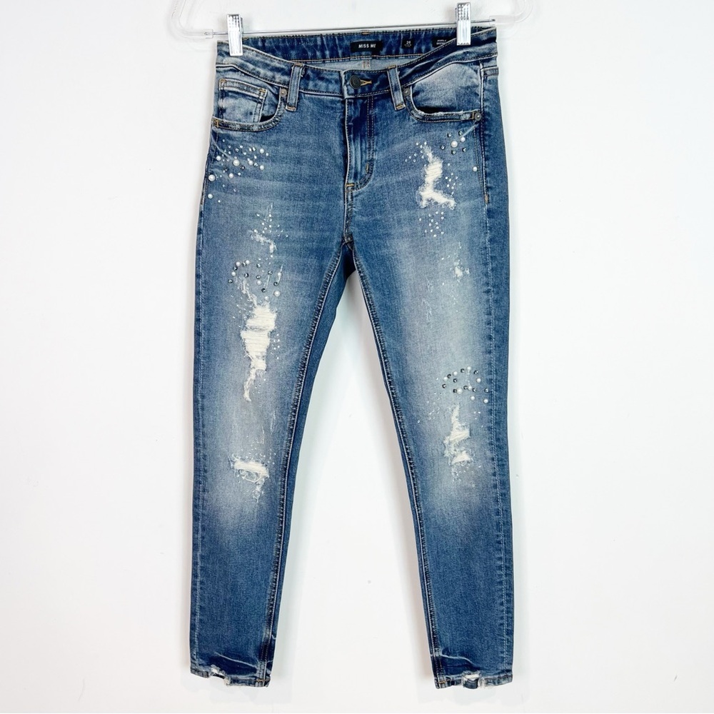 MISS ME DISTRESSED RHINESTONE FAUX PEARLS SKINNY JEANS WOMENS SZ 26